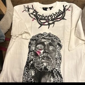 VLONE  Yamborghini White Tee with Black Graffiti Script and Purple Highlights